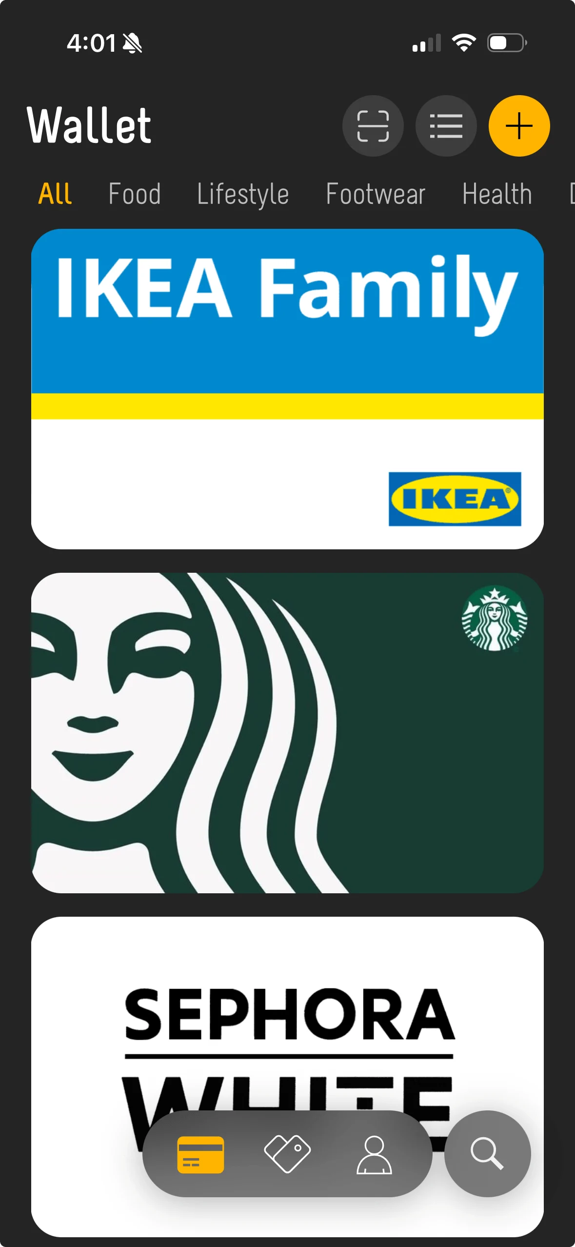 The Perkd wallet's Card List, shown as full-size cards